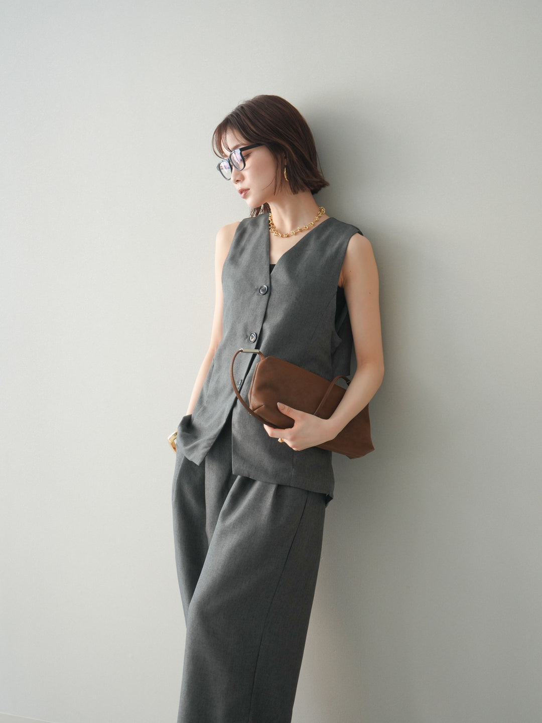 [SET]リネンライクバックオープンジレ+リネンライクタックワイドパンツ(2set)