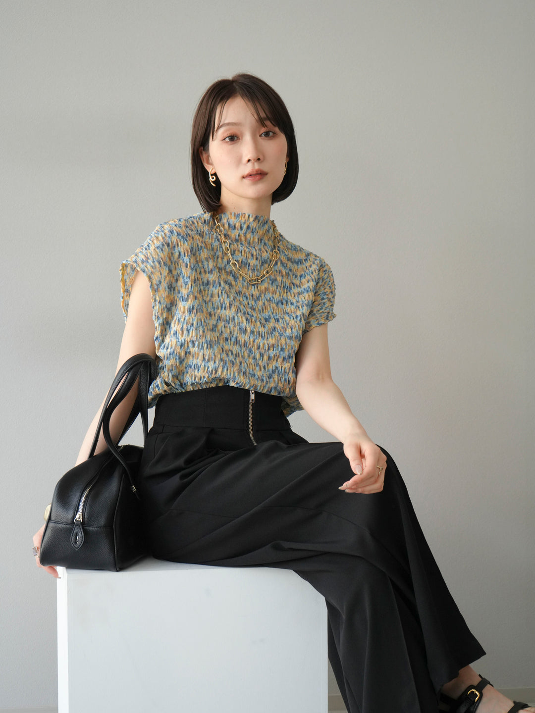 [SET] 多色隨機百褶法式上衣+拉鍊褶襉寬褲（2件套）