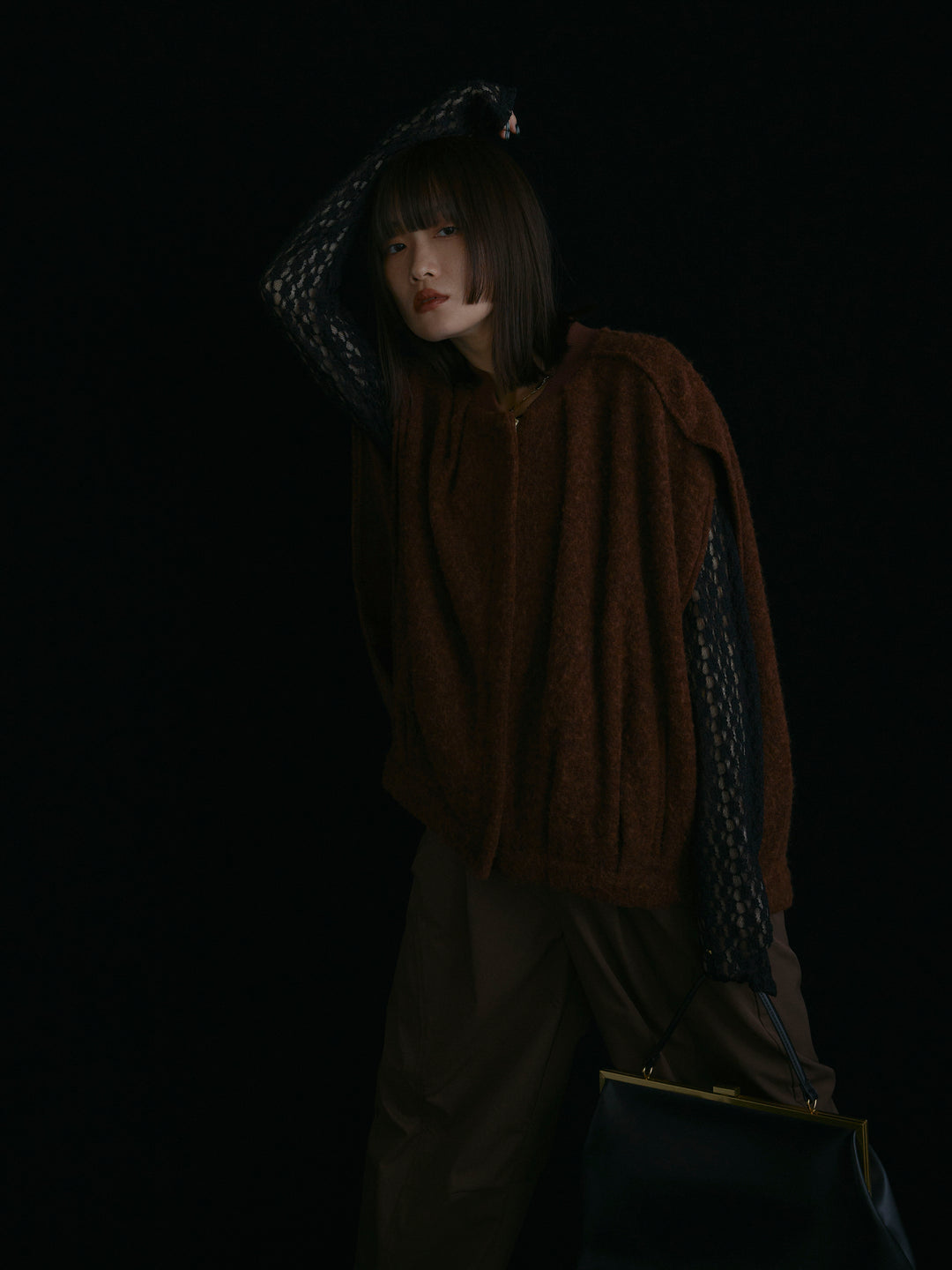 【Allure】[SET]ウール混コクーンブルゾン+タフタワイドカーブパンツ+バックラウンドレーストップス(3set)