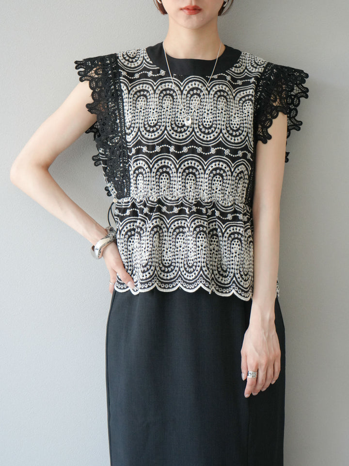 [SET] 扇貝刺繡蕾絲上衣 + 亞麻質感拉鍊開衩緊身裙（2件套）