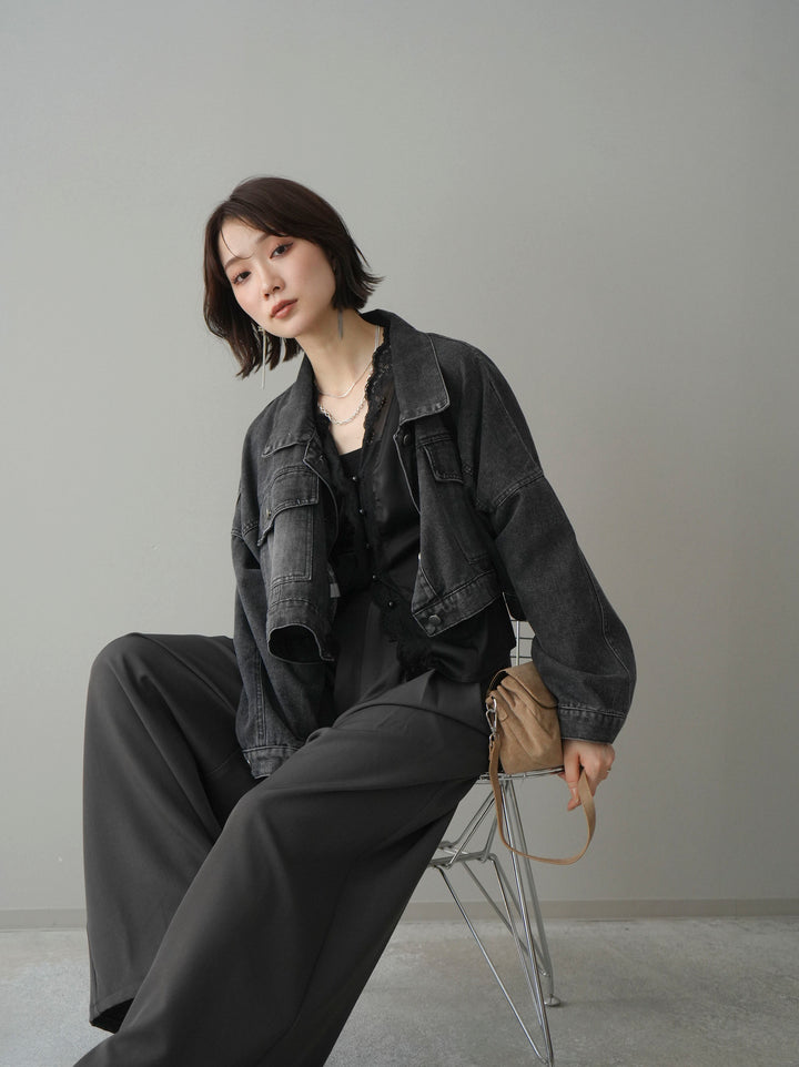 [SET]デニムショートシャツジャケット+ノースリサテンレースキャミソール+編み込みベルト付タックワイドパンツ(3set)