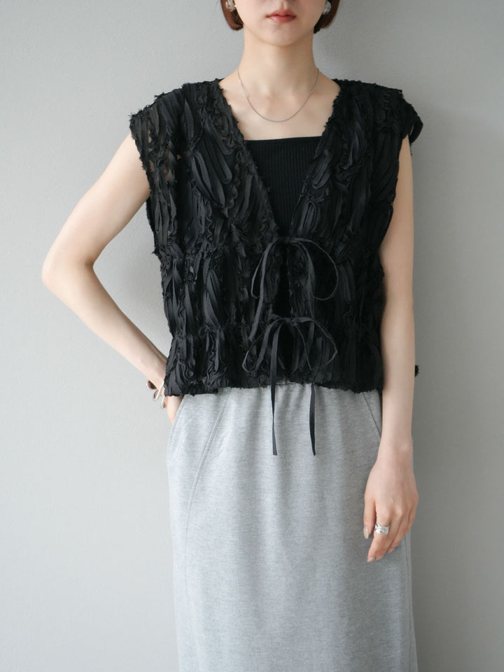 [予約]ジャガードレースリボントップス/ブラック