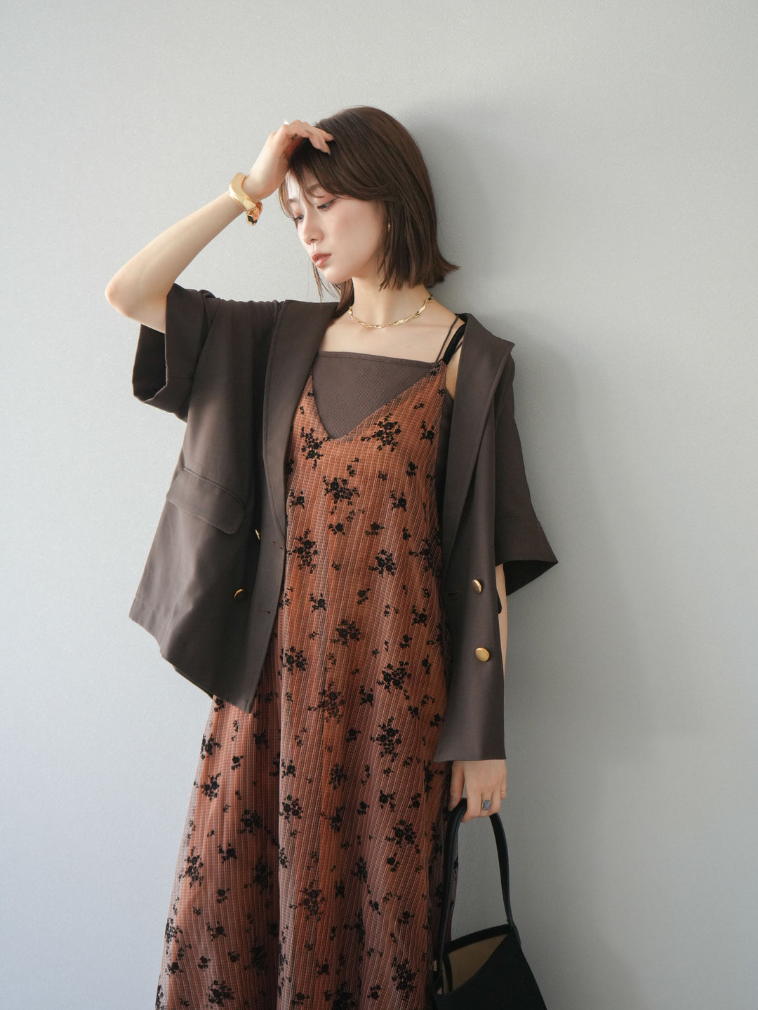 [套裝] 植絨薄紗層疊天鵝絨吊帶連身裙 + 金色紐帶半夾克 (2 套)