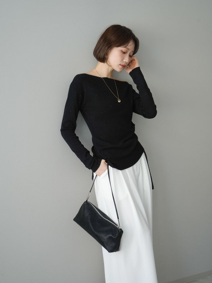 [予約]ラインストーンアシンメトリーニットトップス/black