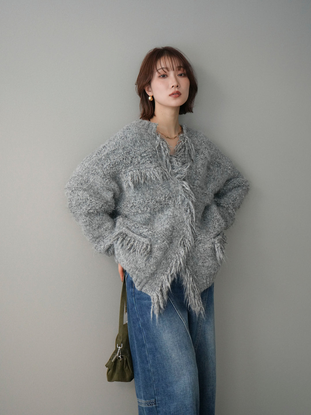 [予約]ミックスヤーンフリンジデザインニットジャケット/gray
