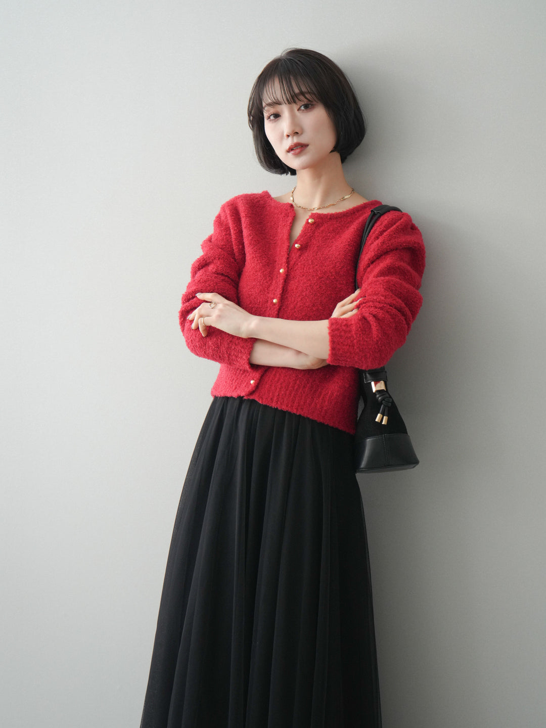 [SET]ゴールドボタンブークレニットカーディガン+チュールボリュームスカート(2set)