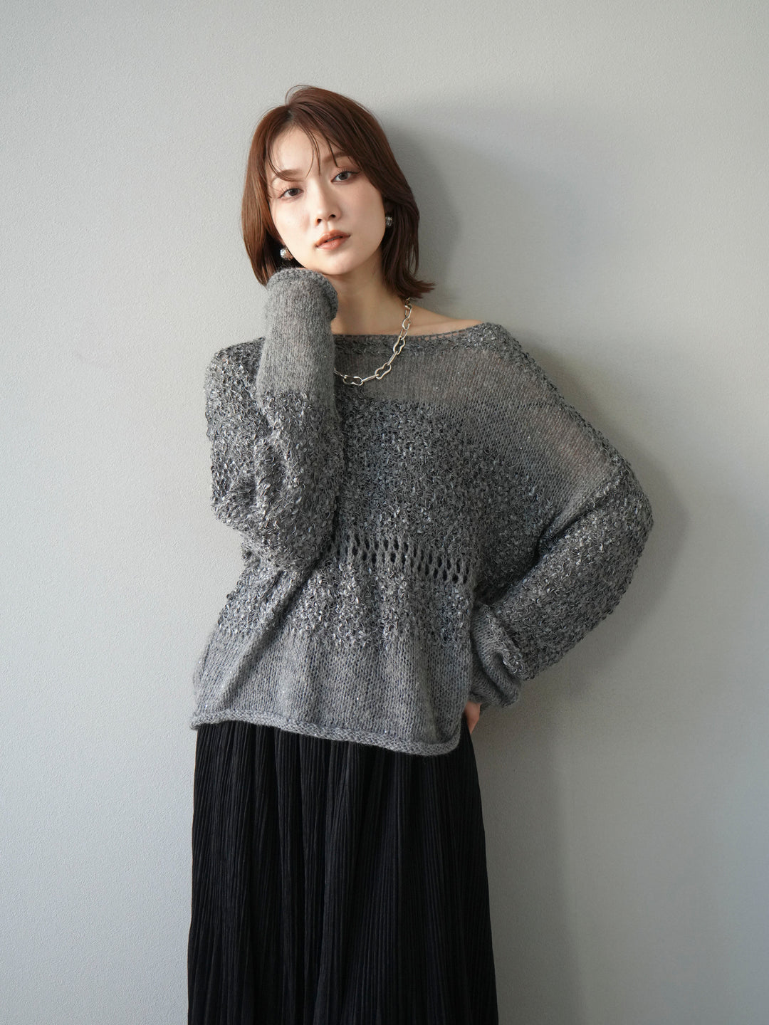 [予約]ミックスヤーンデザイン編みメッシュニットプルオーバー/グレー