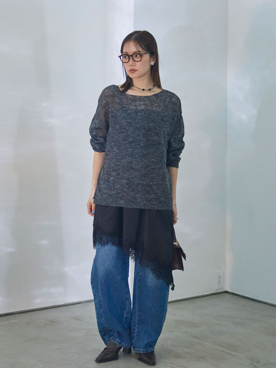 【Allure】[SET]モヘアタッチ透かし編みボートネックニットプルオーバー+アシメカーブデニムパンツ(2set)