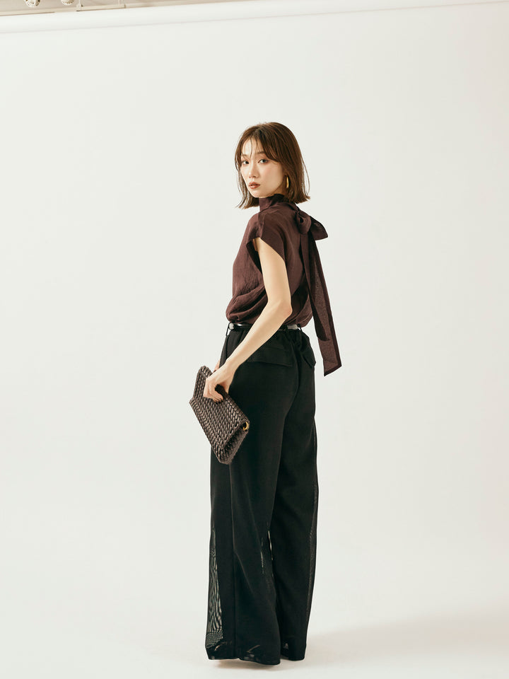 【Allure】[SET]シャイニーシアーブラウス+メッシュタックワイドパンツ(2set)