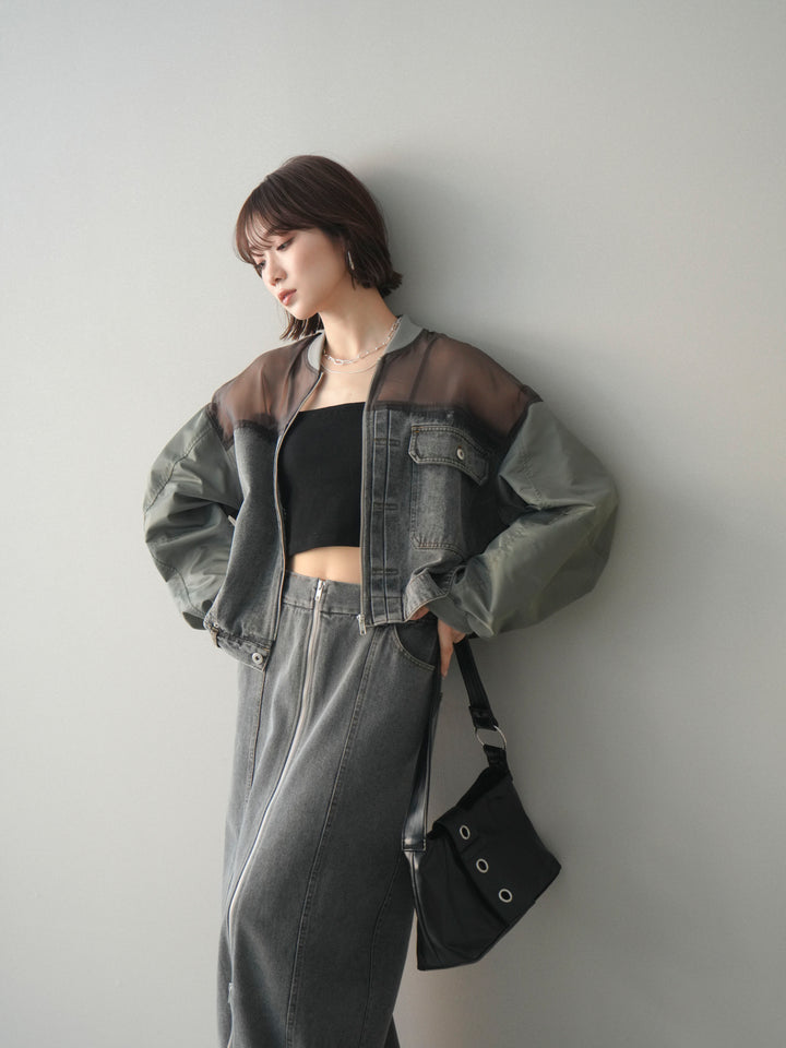 [SET]異素材デニムブルゾン+フロントジップデニムスカート(2set)