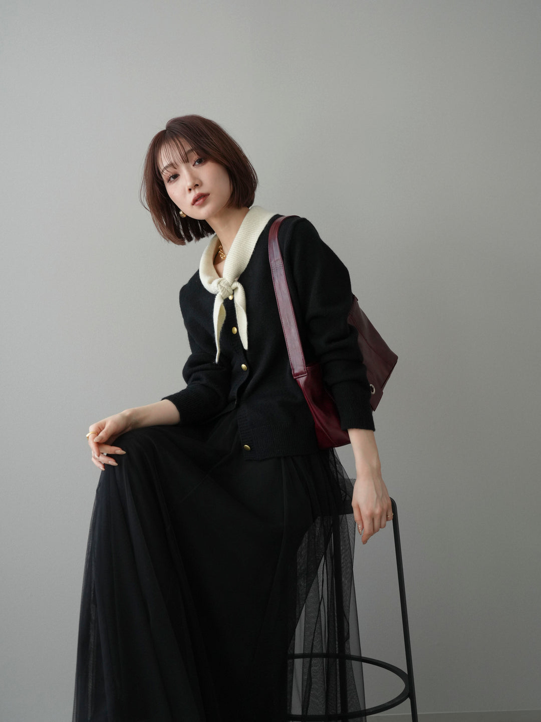 [予約]デザイン襟ニットカーディガン/black