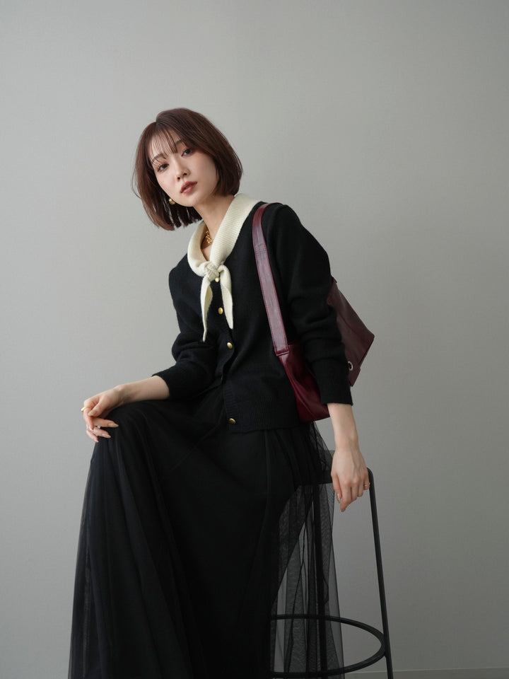 [予約]デザイン襟ニットカーディガン/black