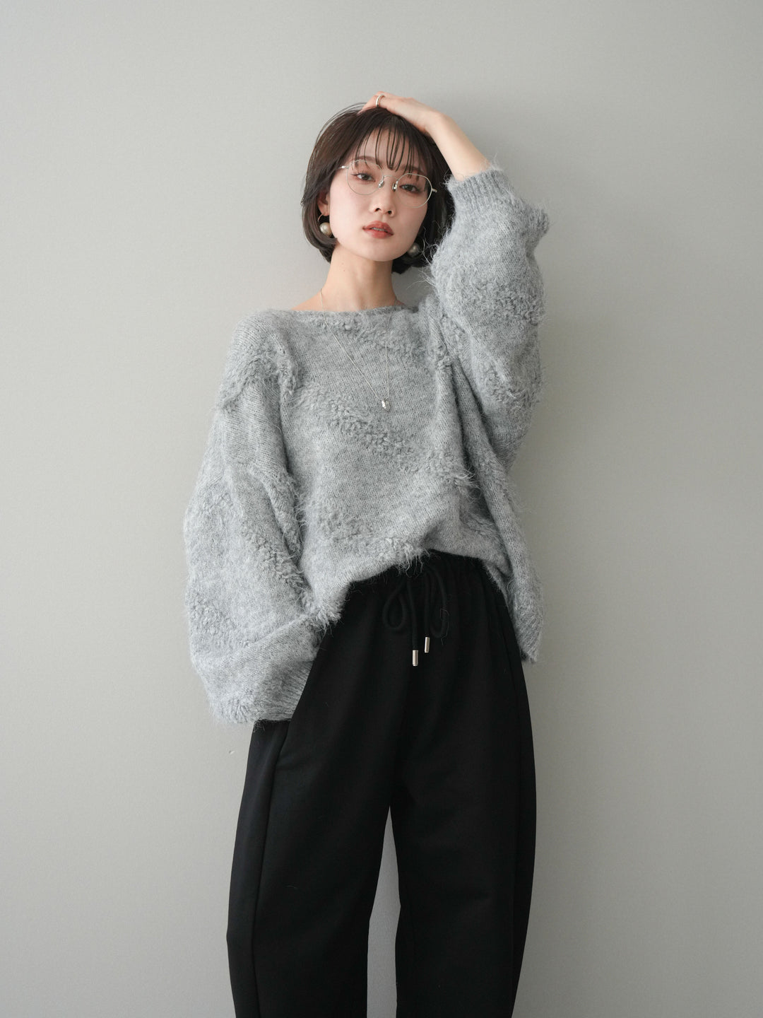 [SET]シャギーデザインニットプルオーバー+裾ZIPスエットワイドパンツ(2set)