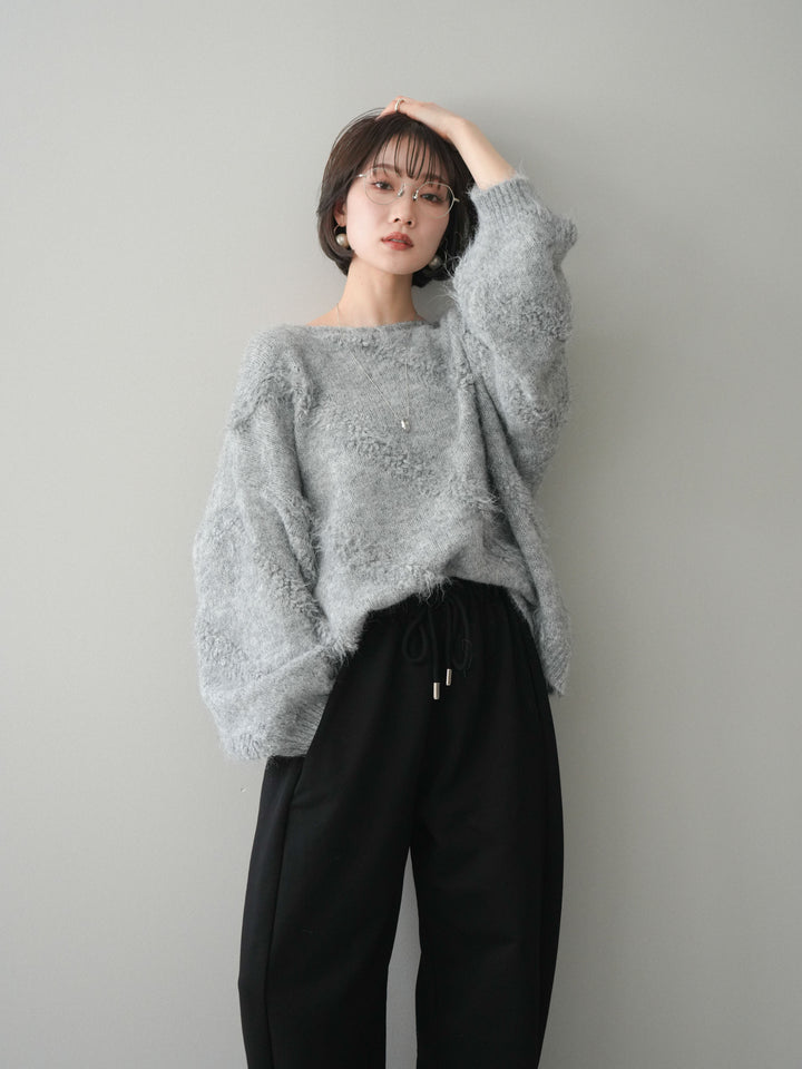 [SET]シャギーデザインニットプルオーバー+裾ZIPスエットワイドパンツ(2set)