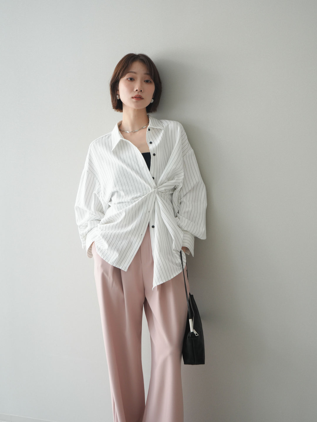 [SET]2WAYカシュクールストライプブラウス+ベルト付キーホルダーモチーフワイドパンツ(2set)