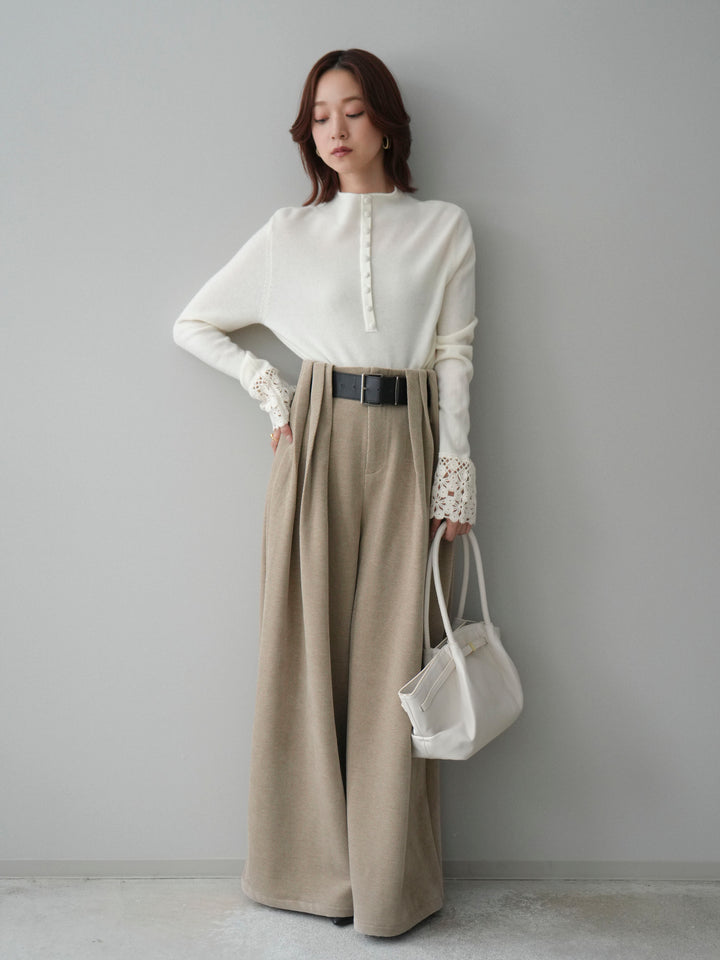 [SET]袖スカラップレースフロントボタンウールニットトップス+ベルトデザインループコールテンワイドパンツ(ベルト付き)(2set)