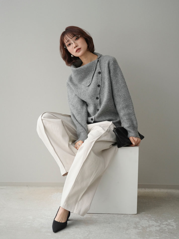[SET]ハイネックデザインボタンニットカーディガン+コットンツイルカーブパンツ(2set)