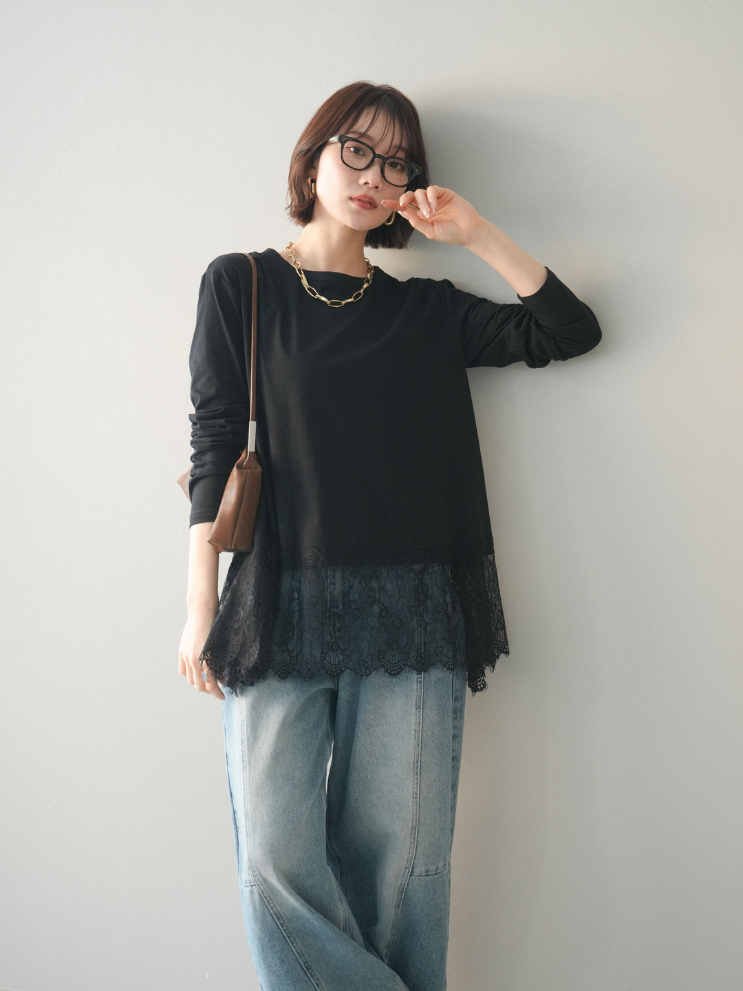 [SET]裾レースロングスリーブTシャツ+選べるアクセセット(2set)