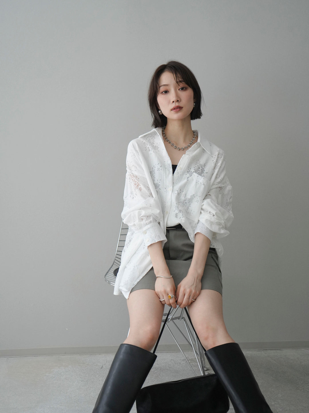 【套裝】提花蕾絲罩衫+繫帶工裝迷你裙（兩件套）