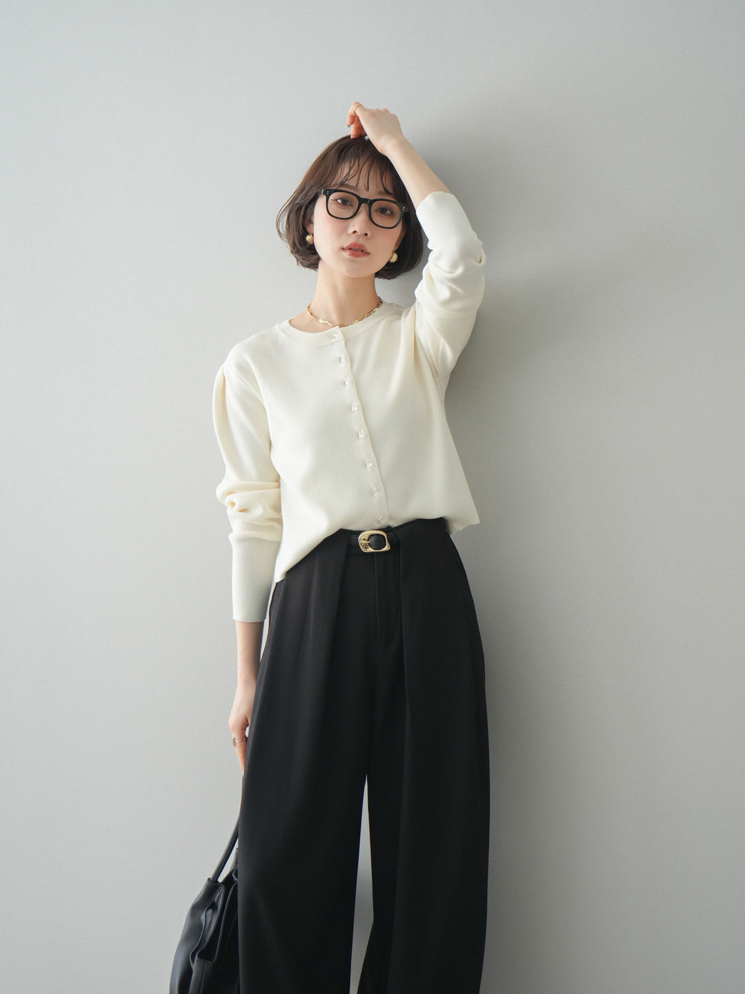 [SET]クリアボタンタックニットカーディガン+ベルトループデザインワイドパンツ(2set)