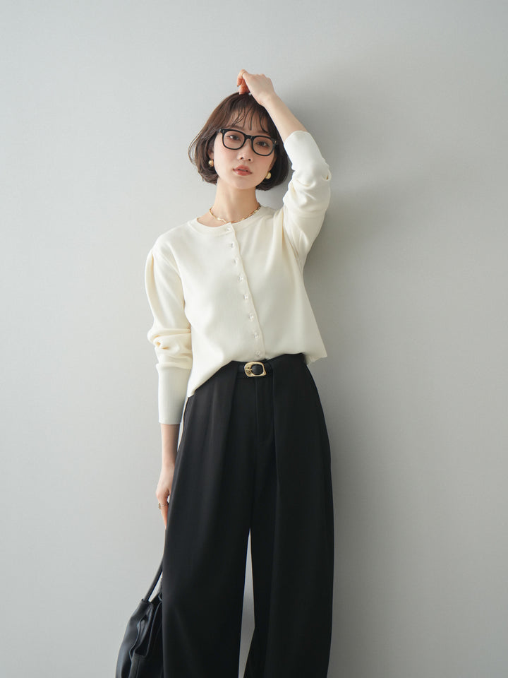 [SET]クリアボタンタックニットカーディガン+ベルトループデザインワイドパンツ(2set)