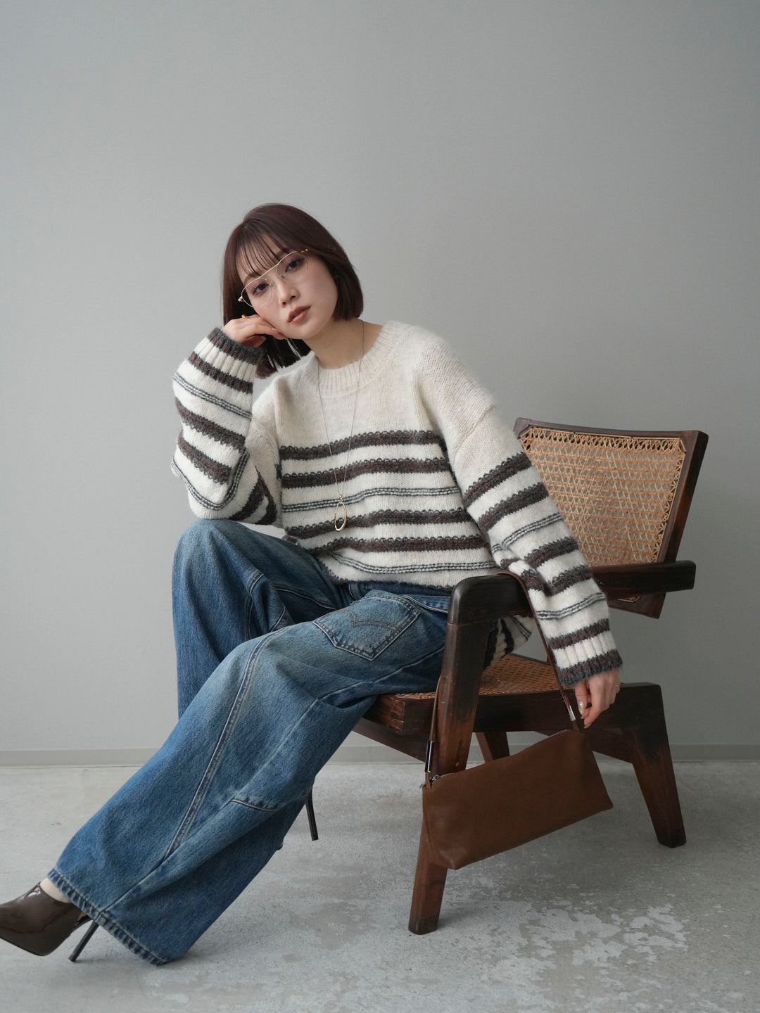 [SET]ステッチボーダーニットプルオーバー+ペインターカーブデニムパンツ(2set)