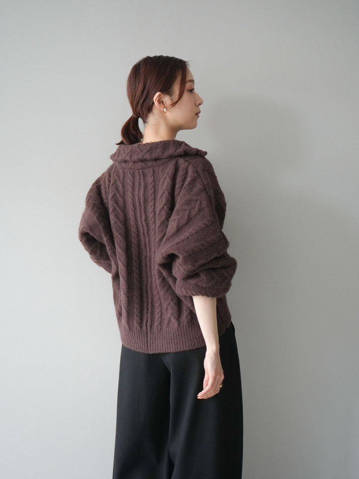 [SET]ケーブル編みハイネックZIPニットカーディガン+アニマル柄ベルト付きウールタッチワイドパンツ(2set)