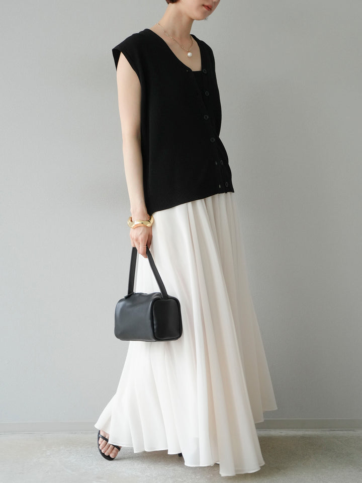 [SET] V領人造絲針織背心+雪紡喇叭裙（2件組）