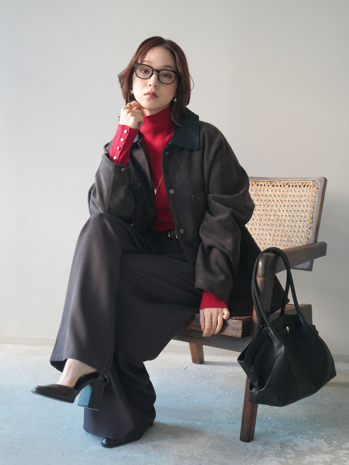 [SET]襟レザーステンカラースエードジャケット+袖ボタンボトルネックリブニットトップス+ベルトループデザインワイドパンツ(3set)