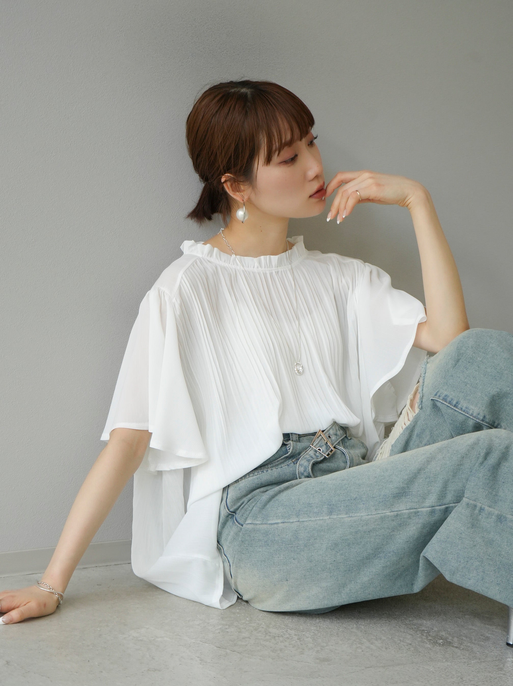 SET]シフォンプリーツブラウス+ベルトアシンメトリーダメージデニム