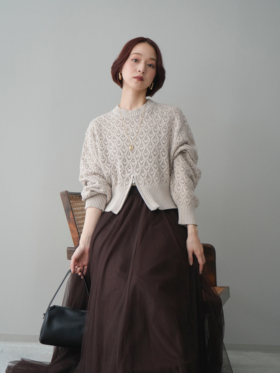 [予約]透かし編みフロントジップスリットニットプルオーバー/lightbeige