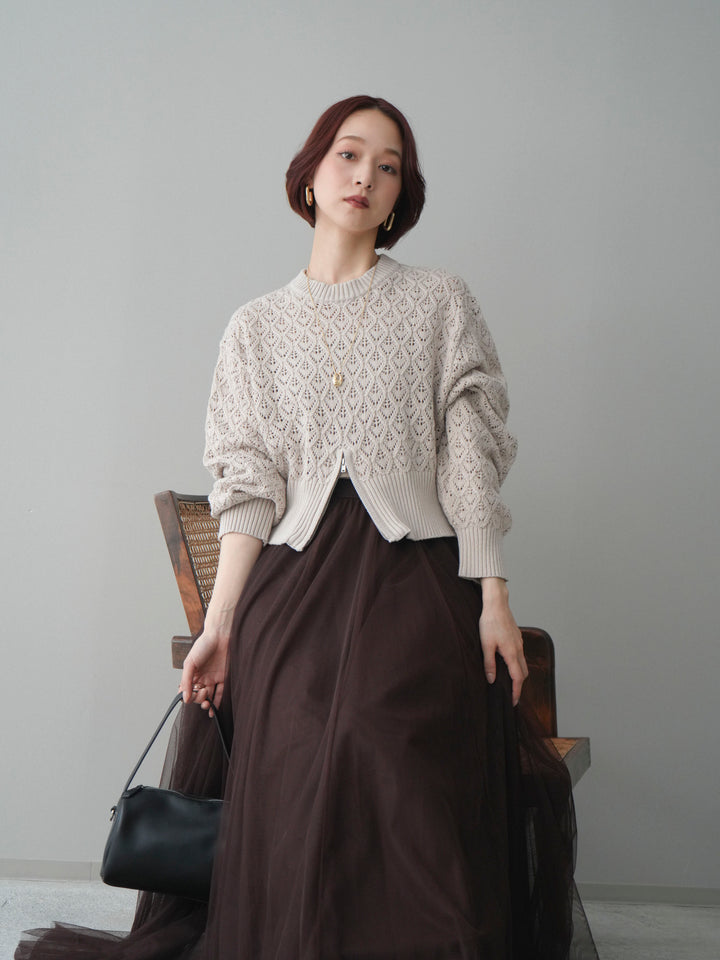 [予約]透かし編みフロントジップスリットニットプルオーバー/lightbeige