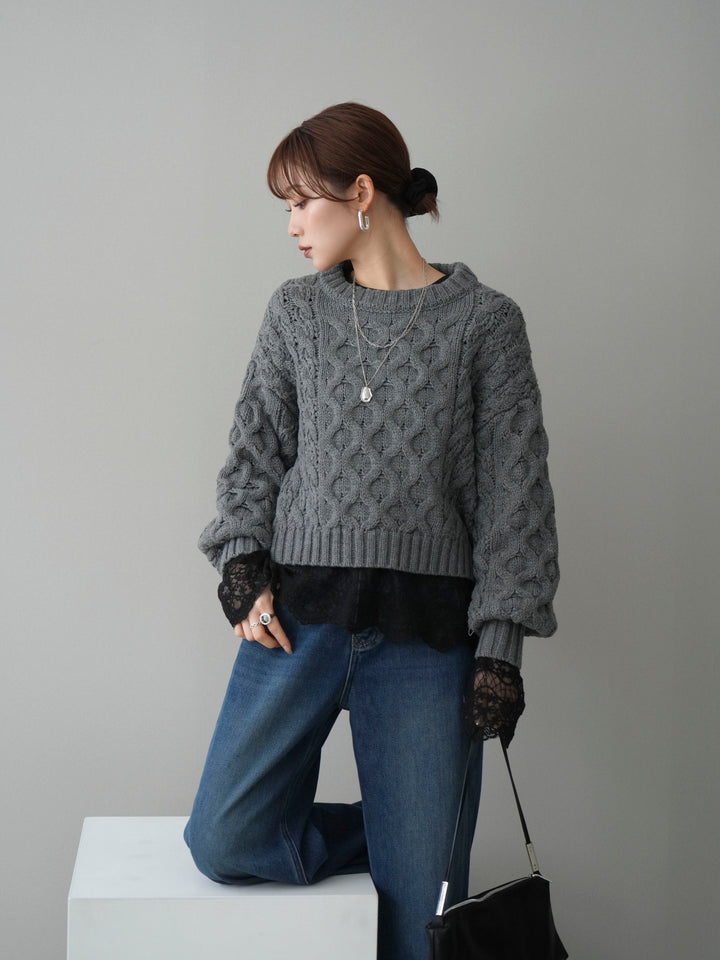【着回しセット】[SET]バルキーケーブルクロップドニットプルオーバー+アンゴラタッチクルーネックニットプルオーバー+チュールレーストップス(3set)