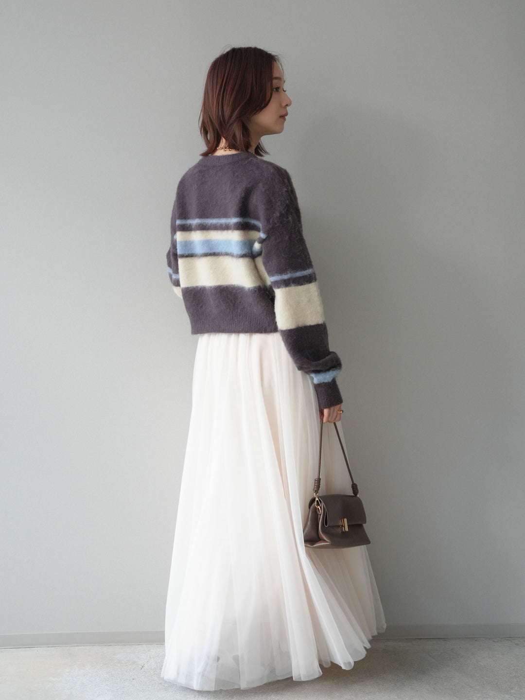 [SET]ソフトタッチボーダークロップドニットプルオーバー+チュールボリュームスカート(2set)