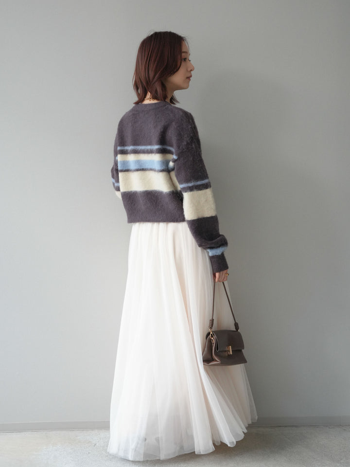 [SET]ソフトタッチボーダークロップドニットプルオーバー+チュールボリュームスカート(2set)