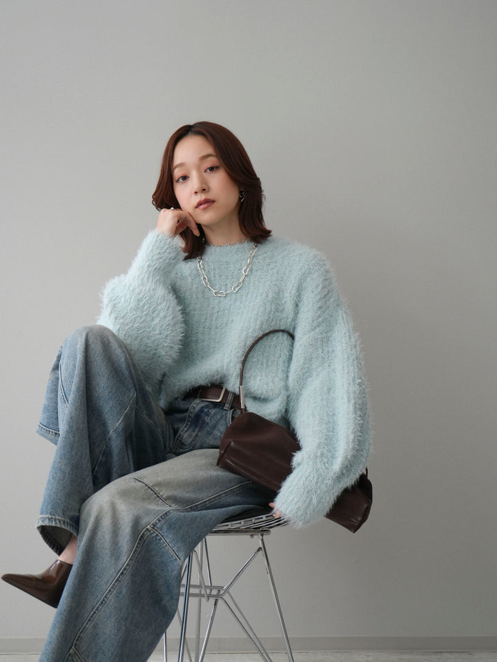 [SET]ボリュームスリーブシャギー MIXニットプルオーバー+ベルト付カーブデニムパンツ(2set)