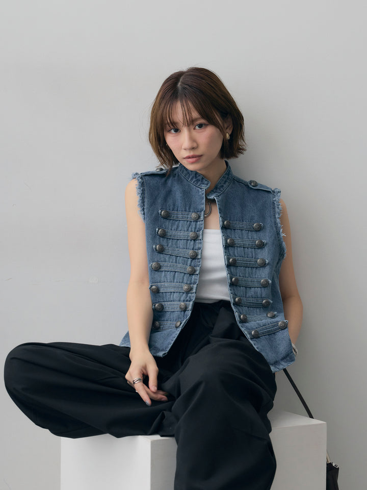 [SET]ナポレオンデニムベスト+ベルトループカーブタックワイドパンツ(2set)