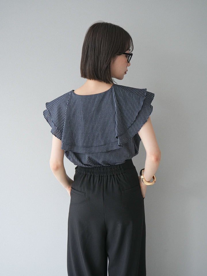 [予約]リネンライクストライプラッフルブラウス/ネイビー