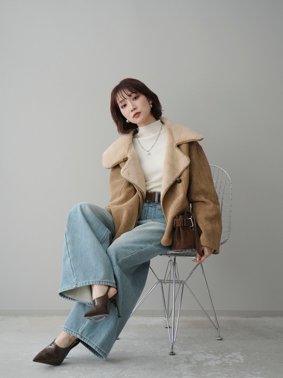 [SET]ムートンショートジャケット+ベルト付裏起毛カーブデニムパンツ(2set)