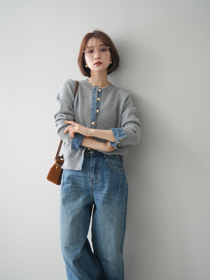 [SET]クルーネックデニムドッキングニットカーディガン+選べるアクセセット(2set)