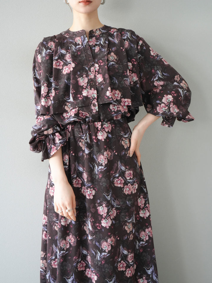 [予約]フラワーフリルブラウス/ブラウン