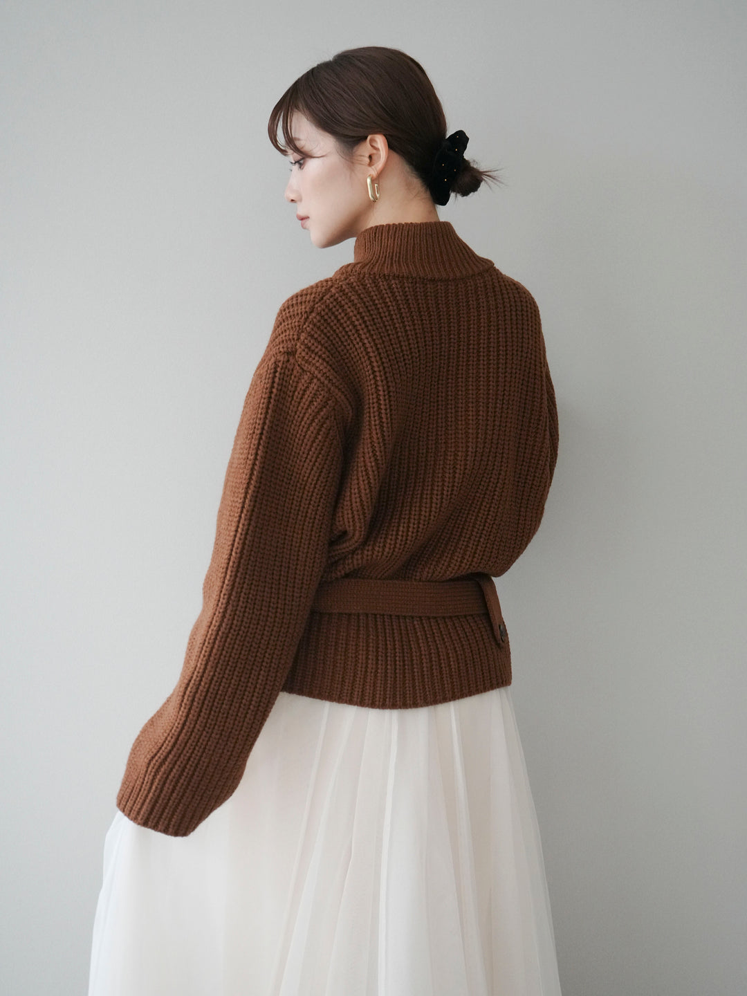 [予約]畦編みボトルネックZIPニットカーディガン/brown