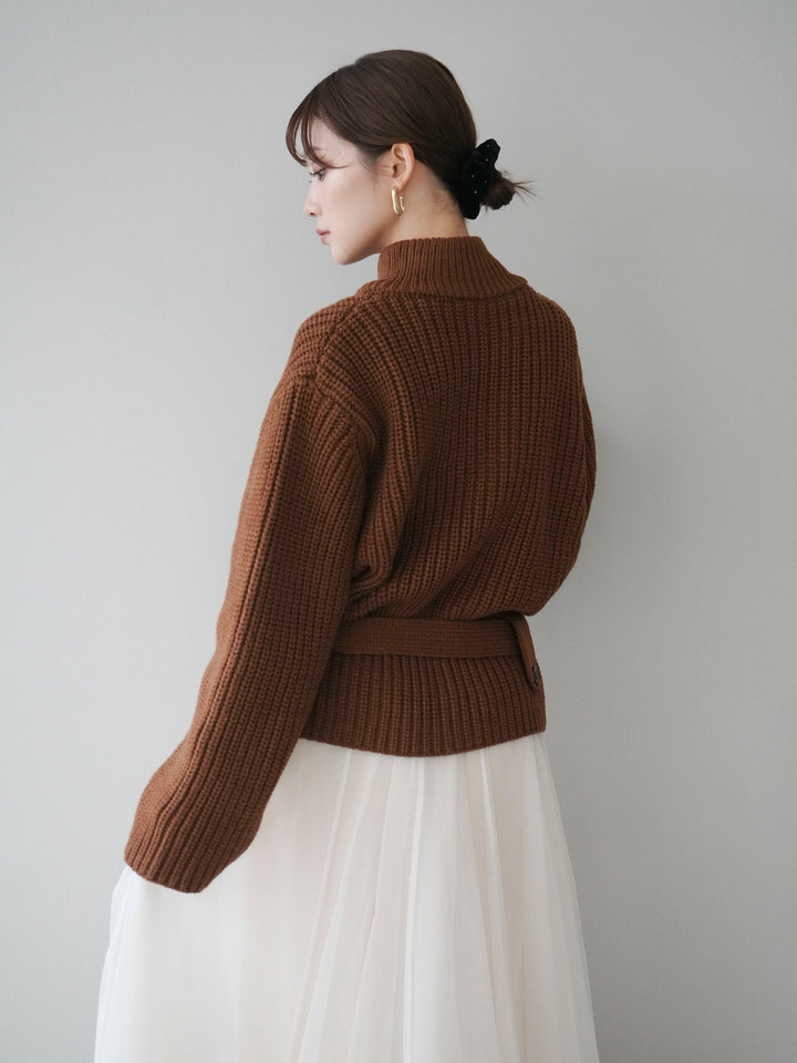 [予約]畦編みボトルネックZIPニットカーディガン/brown