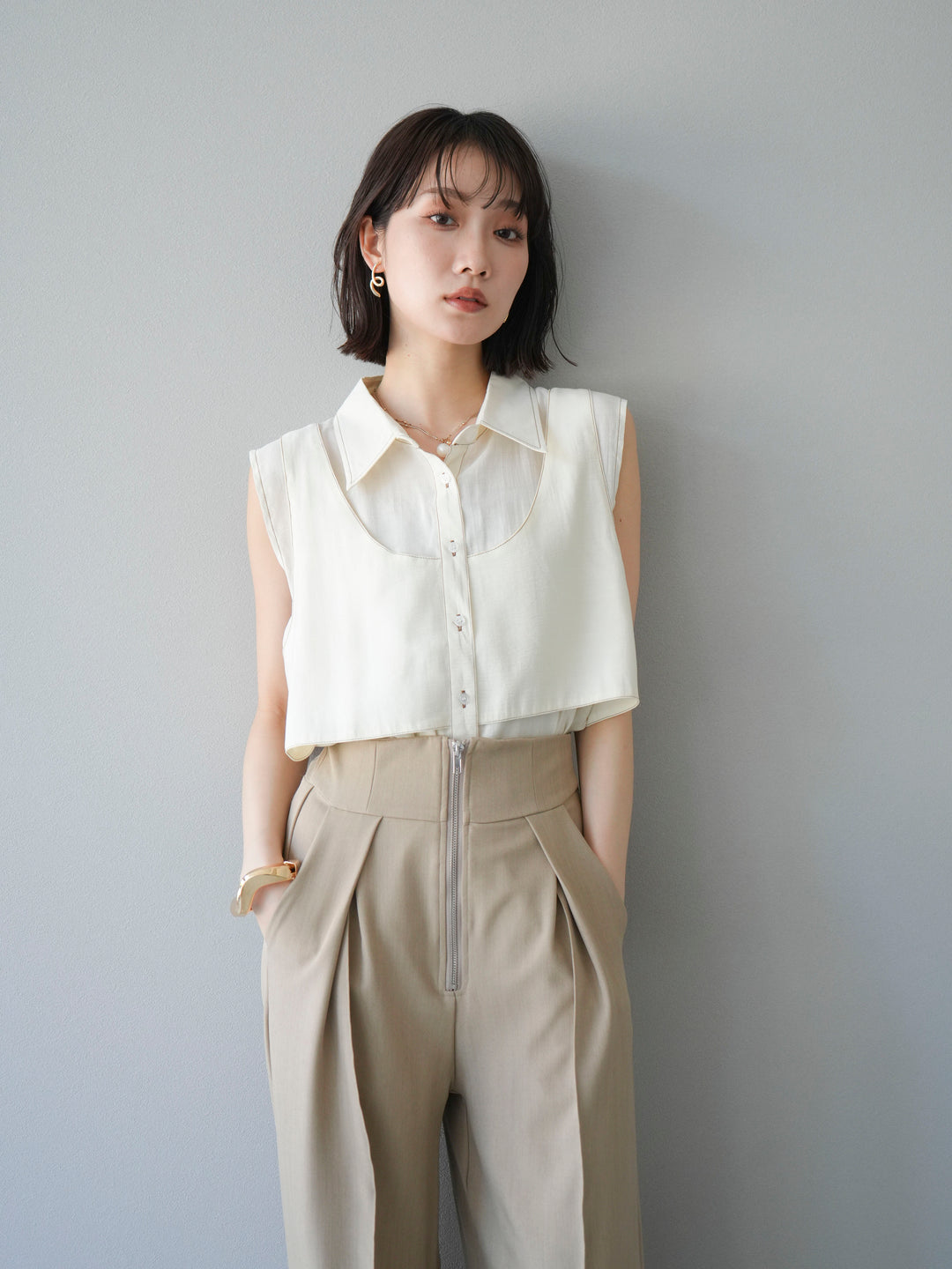 [予約]ステッチシアーレイヤードデザインブラウス/アイボリー