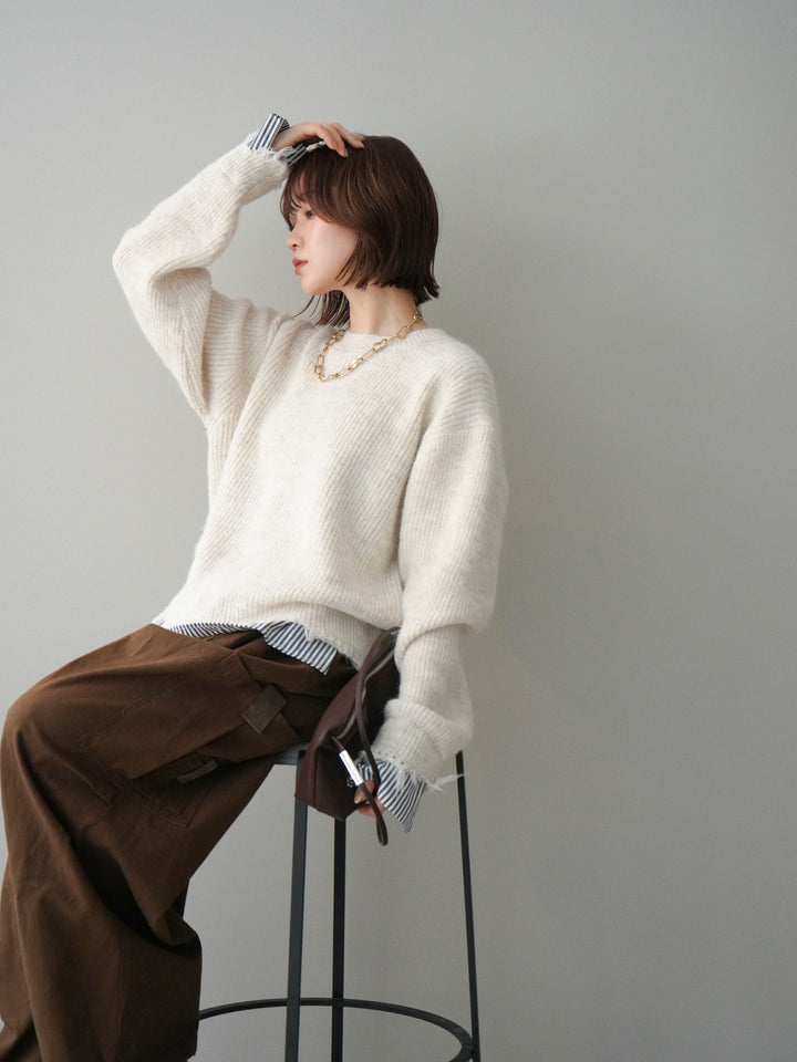 [SET]裾シャツレイヤードダメージニットプルオーバー+ストーンフォークリング(2set)