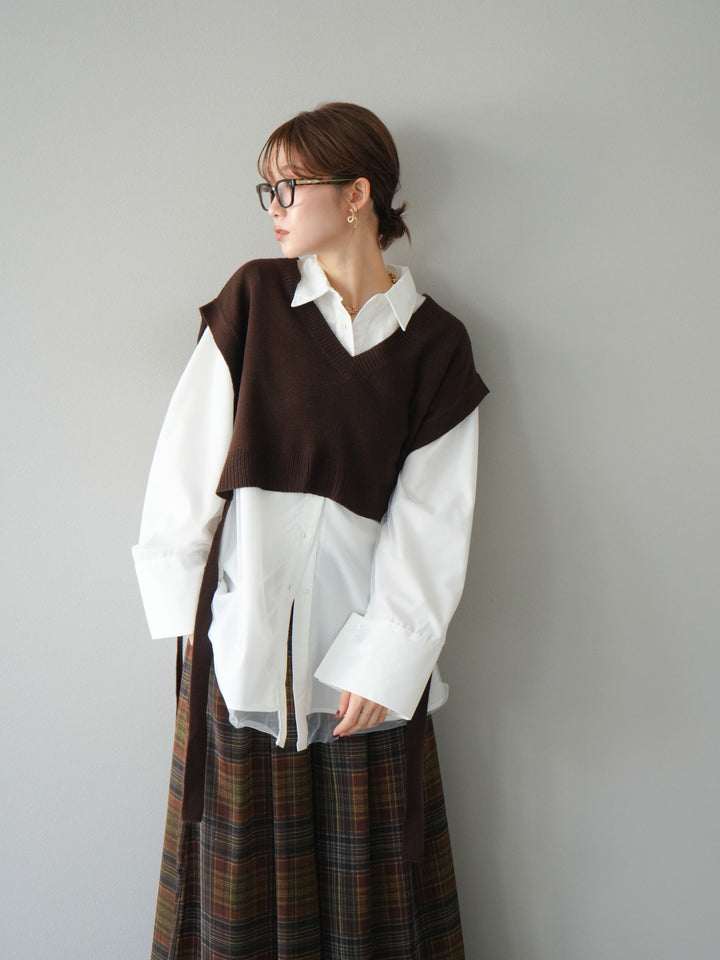 [予約]サイドリボンVネックショートニットベスト/ブラウン