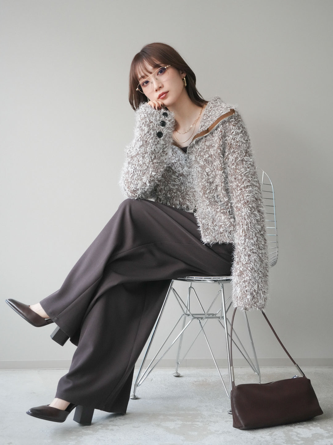 [予約]ミックスシャギージップニットカーディガン/brown