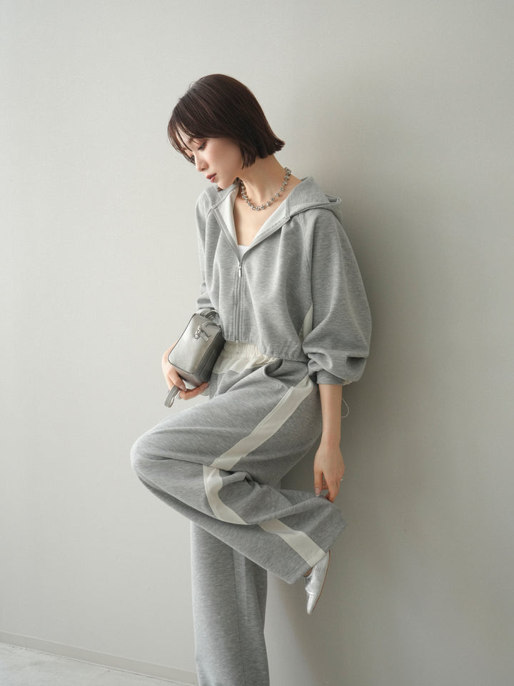 [予約]バイカラー異素材ライトポンチクロップドZIPフーディー/gray