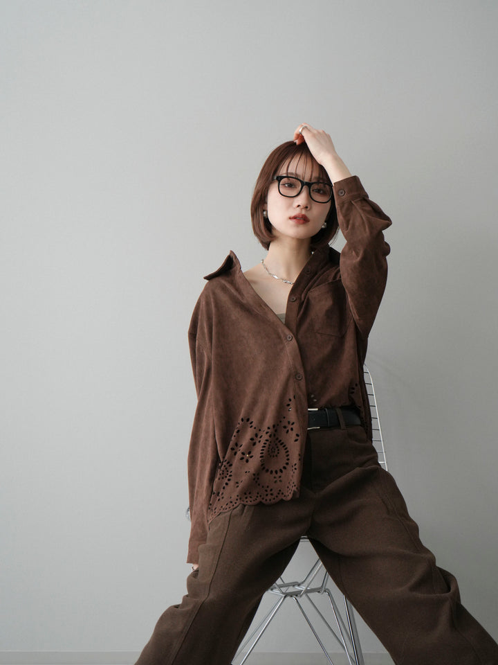 [SET]裾スカラップスエードシャツ+ベルト付起毛コクーンパンツ(2set)