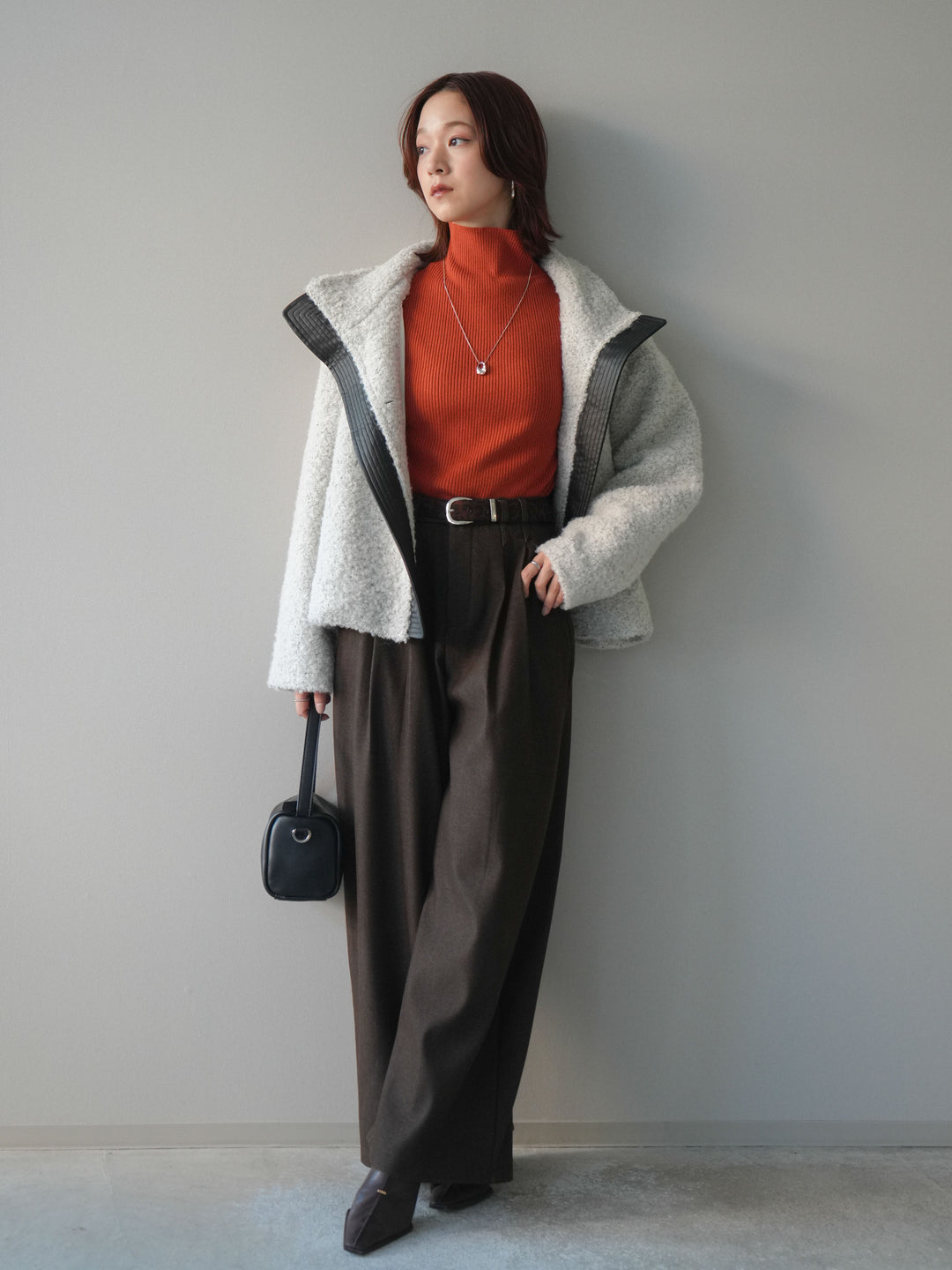 [予約]アニマル柄ベルト付きウールタッチワイドパンツ/brown